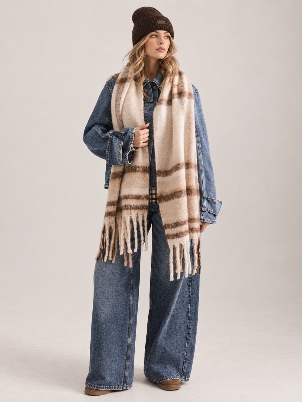 Gigi Pip Mik Oversized Knit Scarf- Cream Brown Plaid